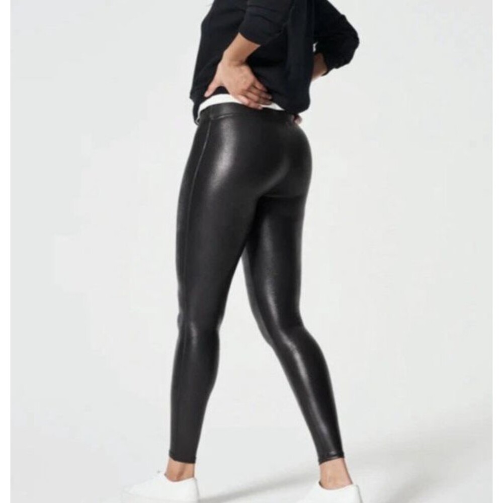 Spanx Faux Leather Leggings Womens Sz L Black High Rise Shaping Stretch  NWT